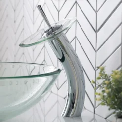 Waterfall Bathroom Faucet with Clear Glass Disk in Chrome