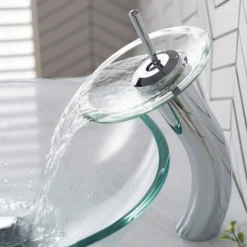 Waterfall Bathroom Faucet with Clear Glass Disk in Chrome