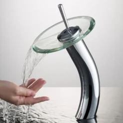 Waterfall Bathroom Faucet with Clear Glass Disk in Chrome
