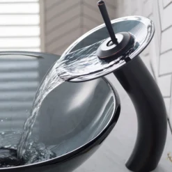 Waterfall Bathroom Faucet with Frosted Black Glass Disk and Pop-Up Drain in Oil Rubbed Bronze