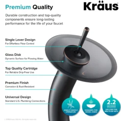 Waterfall Bathroom Faucet with Frosted Black Glass Disk and Pop-Up Drain in Oil Rubbed Bronze