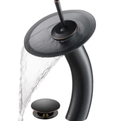 Waterfall Bathroom Faucet with Frosted Black Glass Disk and Pop-Up Drain in Oil Rubbed Bronze