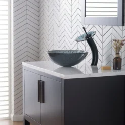 Waterfall Bathroom Faucet with Frosted Black Glass Disk and Pop-Up Drain in Oil Rubbed Bronze