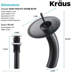 Waterfall Bathroom Faucet with Frosted Black Glass Disk and Pop-Up Drain in Oil Rubbed Bronze