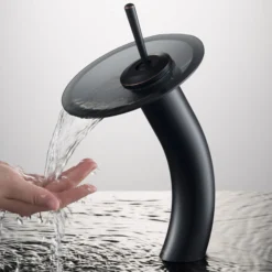 Waterfall Bathroom Faucet with Frosted Black Glass Disk and Pop-Up Drain in Oil Rubbed Bronze