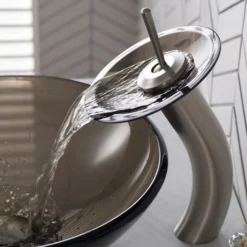 Waterfall Bathroom Faucet with Clear Brown Glass Disk and Pop-Up Drain in Satin Nickel