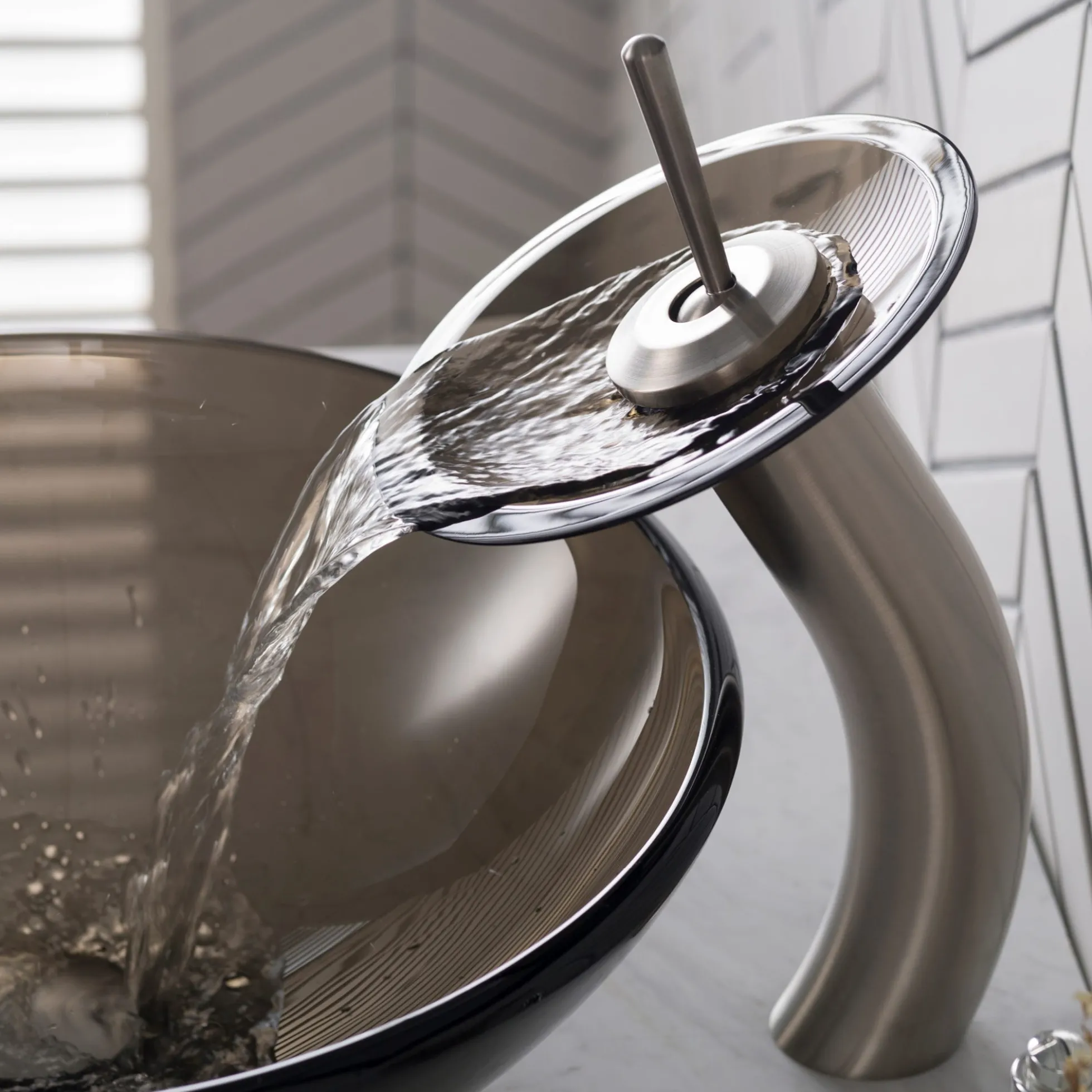 Waterfall Bathroom Faucet with Clear Brown Glass Disk and Pop-Up Drain in Satin Nickel