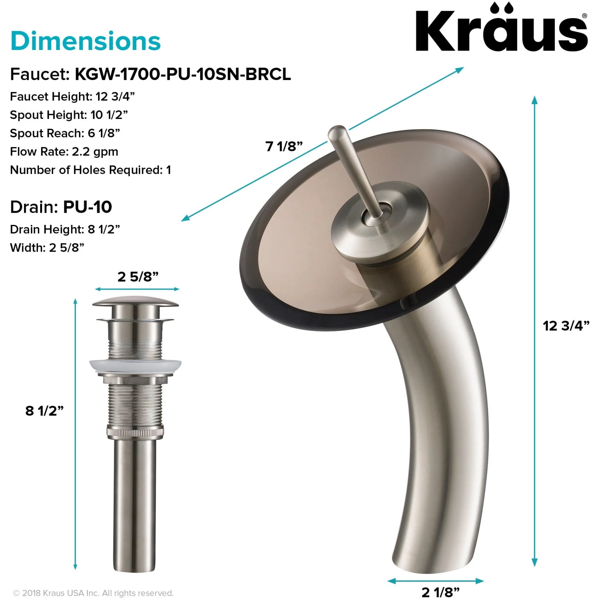 Waterfall Bathroom Faucet with Clear Brown Glass Disk and Pop-Up Drain in Satin Nickel