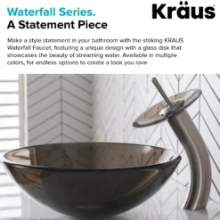 Waterfall Bathroom Faucet with Clear Brown Glass Disk and Pop-Up Drain in Satin Nickel