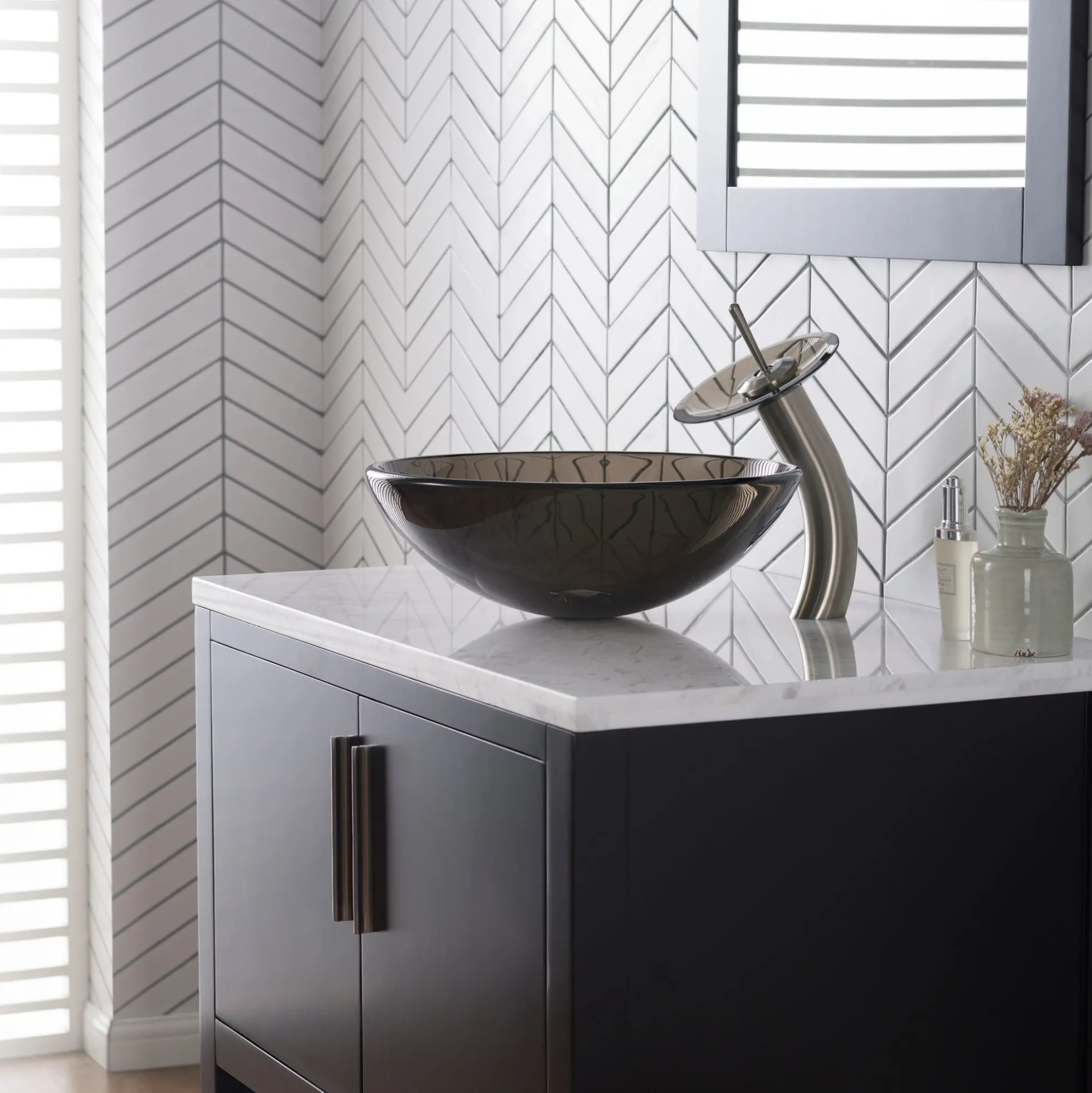 Waterfall Bathroom Faucet with Clear Brown Glass Disk and Pop-Up Drain in Satin Nickel