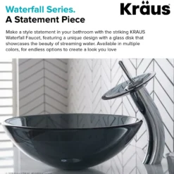 Waterfall Bathroom Faucet with Clear Black Glass Disk and Pop-Up Drain in Chrome