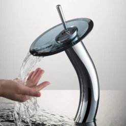 Waterfall Bathroom Faucet with Clear Black Glass Disk and Pop-Up Drain in Chrome