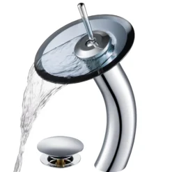 Waterfall Bathroom Faucet with Clear Black Glass Disk and Pop-Up Drain in Chrome