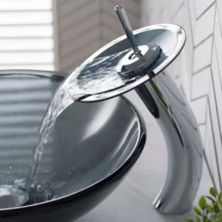 Waterfall Bathroom Faucet with Clear Black Glass Disk and Pop-Up Drain in Chrome