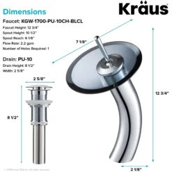 Waterfall Bathroom Faucet with Clear Black Glass Disk and Pop-Up Drain in Chrome
