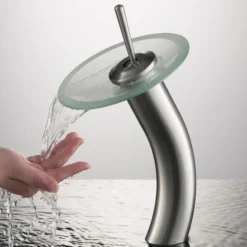 Waterfall Bathroom Faucet with Frosted Glass Disk in Satin Nickel