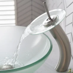 Waterfall Bathroom Faucet with Frosted Glass Disk in Satin Nickel