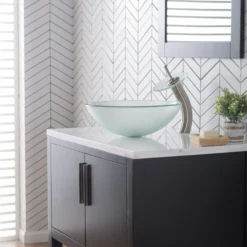 Waterfall Bathroom Faucet with Frosted Glass Disk in Satin Nickel