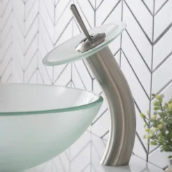 Waterfall Bathroom Faucet with Frosted Glass Disk in Satin Nickel