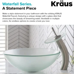 Waterfall Bathroom Faucet with Frosted Glass Disk in Satin Nickel