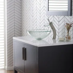 Waterfall Bathroom Faucet with Clear Glass Disk in Satin Nickel