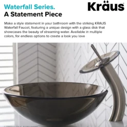 Waterfall Bathroom Faucet with Clear Brown Glass Disk in Satin Nickel