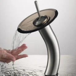 Waterfall Bathroom Faucet with Clear Brown Glass Disk in Satin Nickel