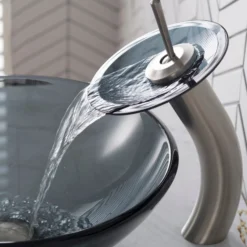 Waterfall Bathroom Faucet with Frosted Black Glass Disk in Satin Nickel