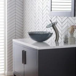 Waterfall Bathroom Faucet with Frosted Black Glass Disk in Satin Nickel