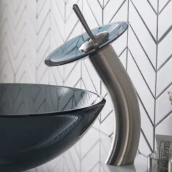 Waterfall Bathroom Faucet with Frosted Black Glass Disk in Satin Nickel