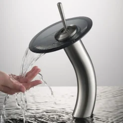 Waterfall Bathroom Faucet with Frosted Black Glass Disk in Satin Nickel