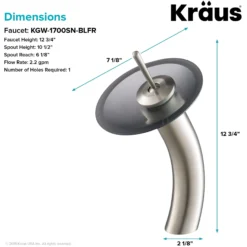 Waterfall Bathroom Faucet with Frosted Black Glass Disk in Satin Nickel