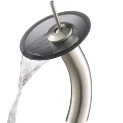 Waterfall Bathroom Faucet with Frosted Black Glass Disk in Satin Nickel