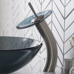 Waterfall Bathroom Faucet with Clear Black Glass Disk in Satin Nickel