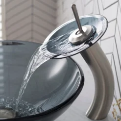 Waterfall Bathroom Faucet with Clear Black Glass Disk in Satin Nickel