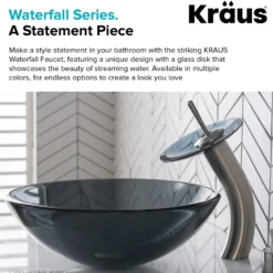 Waterfall Bathroom Faucet with Clear Black Glass Disk in Satin Nickel