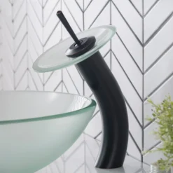 Waterfall Bathroom Faucet with Frosted Glass Disk in Oil Rubbed Bronze