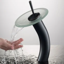 Waterfall Bathroom Faucet with Frosted Glass Disk in Oil Rubbed Bronze