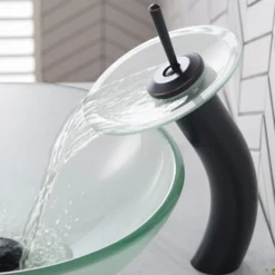 Waterfall Bathroom Faucet with Frosted Glass Disk in Oil Rubbed Bronze