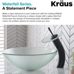 Waterfall Bathroom Faucet with Frosted Glass Disk in Oil Rubbed Bronze
