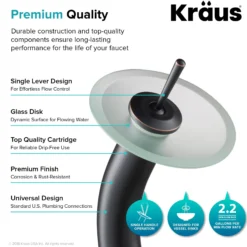 Waterfall Bathroom Faucet with Frosted Glass Disk in Oil Rubbed Bronze