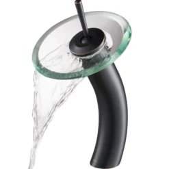 Waterfall Bathroom Faucet with Clear Glass Disk in Oil Rubbed Bronze