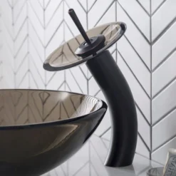 Waterfall Bathroom Faucet with Clear Brown Glass Disk in Oil Rubbed Bronze
