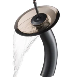 Waterfall Bathroom Faucet with Clear Brown Glass Disk in Oil Rubbed Bronze