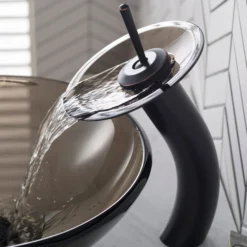 Waterfall Bathroom Faucet with Clear Brown Glass Disk in Oil Rubbed Bronze