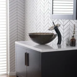 Waterfall Bathroom Faucet with Clear Brown Glass Disk in Oil Rubbed Bronze