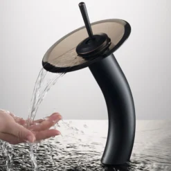 Waterfall Bathroom Faucet with Clear Brown Glass Disk in Oil Rubbed Bronze