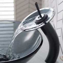 Waterfall Bathroom Faucet with Frosted Black Glass Disk in Oil Rubbed Bronze