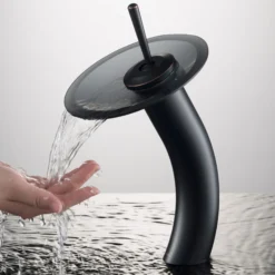 Waterfall Bathroom Faucet with Frosted Black Glass Disk in Oil Rubbed Bronze
