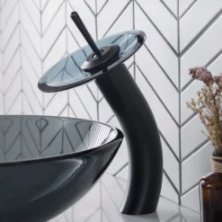 Waterfall Bathroom Faucet with Frosted Black Glass Disk in Oil Rubbed Bronze